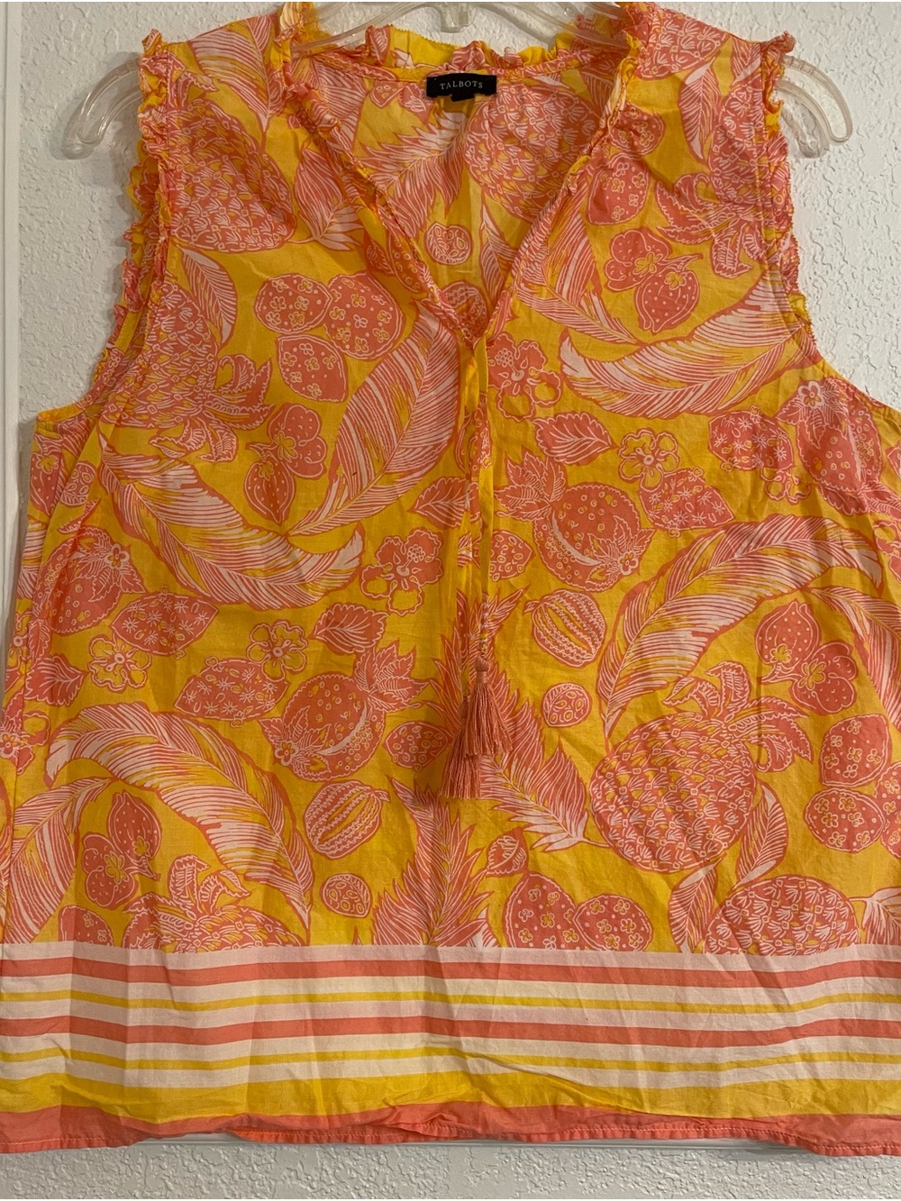 Talbots Yellow and Coral Sleeveless Tropical Print Blouse